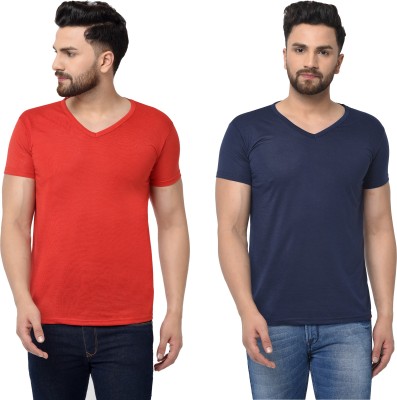 Behemoth Solid Men V Neck Dark Blue, Red T-Shirt