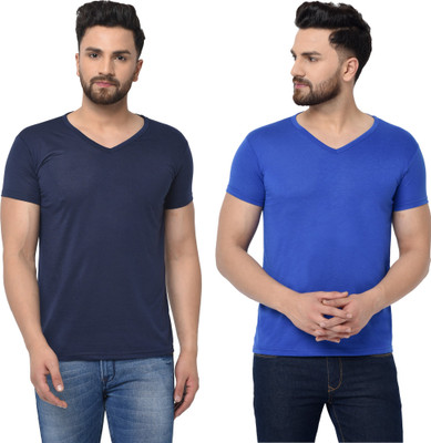 Adorbs Solid Men V Neck Dark Blue, Blue T-Shirt