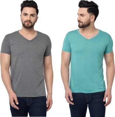 Jaskart Solid Men V Neck Light Blue, Grey T-Shirt