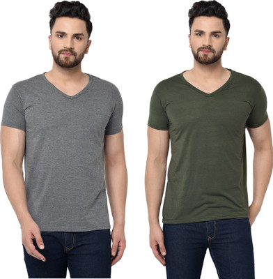 Adorbs Solid Men V Neck Dark Green, Grey T-Shirt