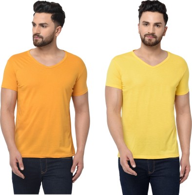 Tivy Solid Men V Neck Yellow T-Shirt