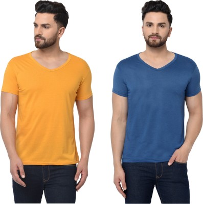 Behemoth Solid Men V Neck Dark Blue, Yellow T-Shirt