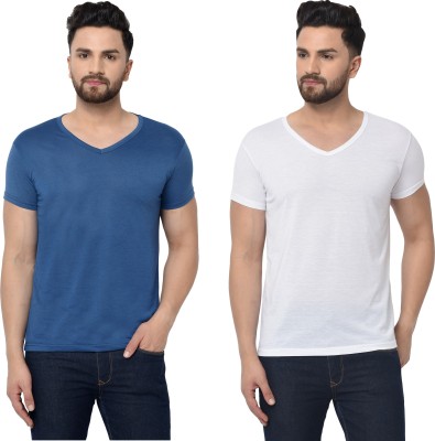 Tivy Solid Men V Neck Dark Blue, White T-Shirt