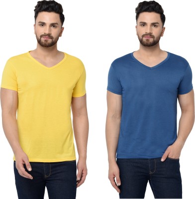 Behemoth Solid Men V Neck Dark Blue, Yellow T-Shirt