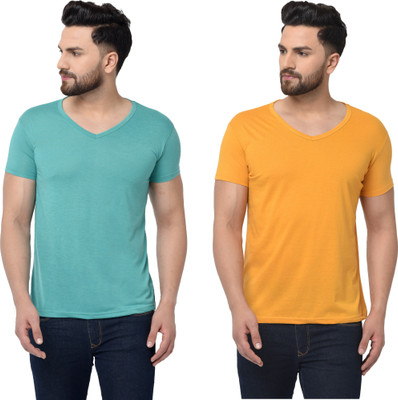 Adorbs Solid Men V Neck Light Green, Yellow T-Shirt