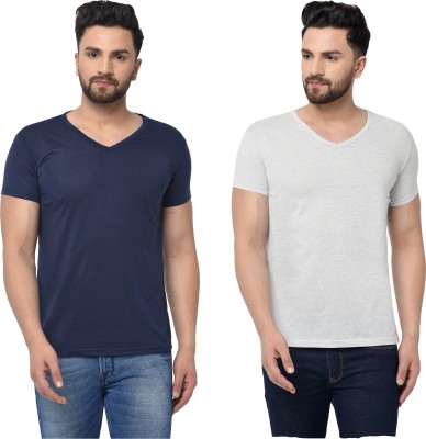 Adorbs Solid Men V Neck Dark Blue, Grey T-Shirt