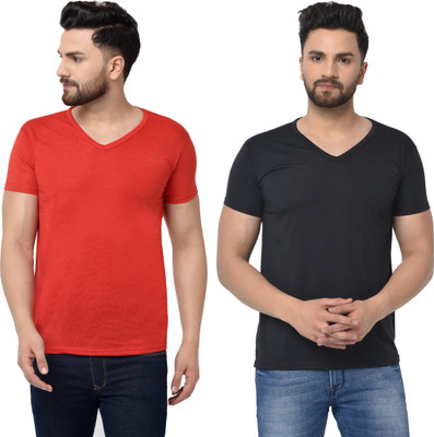 Jangoboy Solid Men V Neck Red, Black T-Shirt