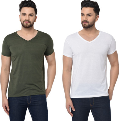 Adorbs Solid Men V Neck Dark Green, White T-Shirt