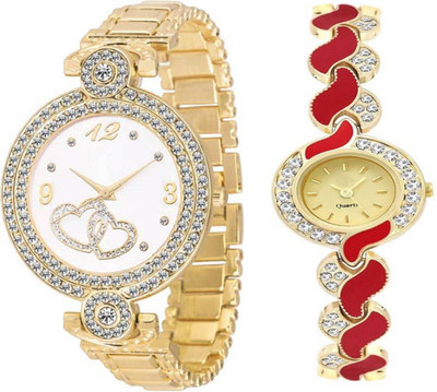 MEET Awesome Look Red Metal Strap Diamond Studded Standard Quality Watch Analog Watch - For Women
