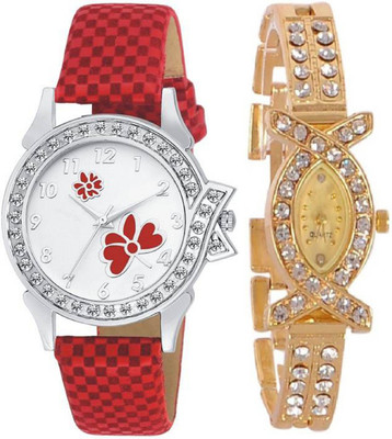 MEET Latest attractive and trending Red & Gold Velvet & Metal Leather Strap combo Analog Watch - For Women