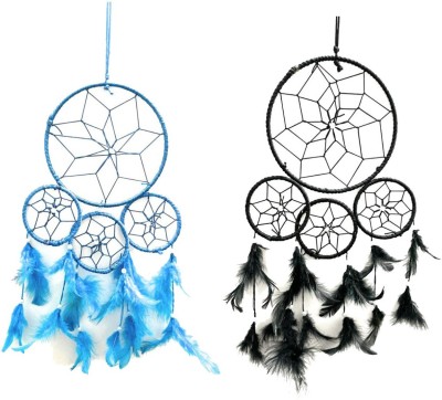 Ryme Combo Of 4 Ring Ocean And Black Color Dream Catcher Wall Hanging For Home/Office (Pack Of 2) Feather Dream Catcher(15 inch, Blue, Black)