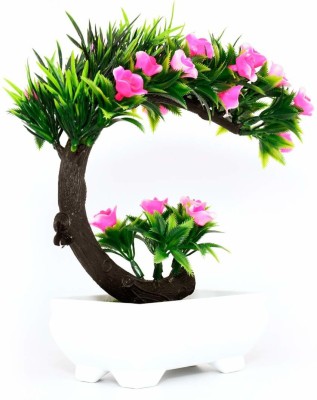 Breewell Mini Artificial Pink Roses Bonsai Flowers with Pot and Bonsai with Green Tree & Original Feeling Romantic Rose for Home Decoration Bonsai Wild Artificial Plant  with Pot(15 cm, Pink, Green)