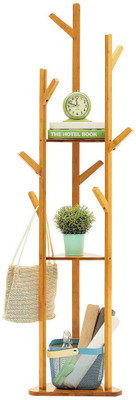 ADA Handicraft Bamboo Tree Garment Clothes Coat Hat Umbrella Portable Hanger Stand Rack with 3-Tier Storage Shelves and Hooks Bamboo Coat and Umbrella Stand(Finish Color - Brown)