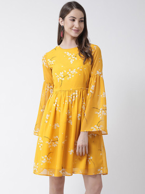 KASSUALLY Women A-line Yellow Above Knee/Mid Thigh Length Dress
