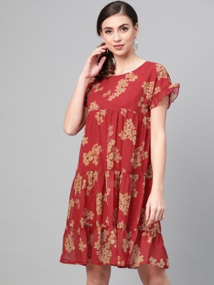 SASSAFRAS Women Fit and Flare Red, Gold, Grey Dress
