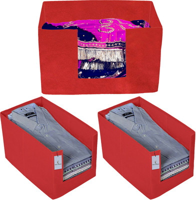 Billion Designer Non Woven 2 Piece Shirt Stacker And 1 Piece Foldable Rectangle Cloth Saree Stacker Cloth Wardrobe Organizer Wardrobe Organizer (Red) - BILLION38299 BILLION038299(Red)