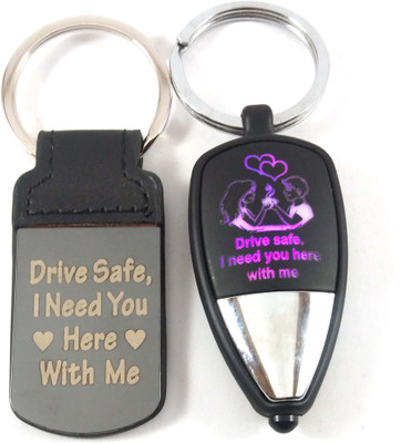 Isk Drive Safe Leather Black Silver And Safe Drive Massage Couple Design Light Reflection keychain Key Chain