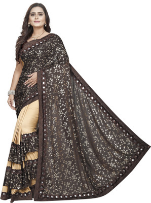 jashvicreation Printed Bollywood Lycra Blend Saree(Brown, Beige)
