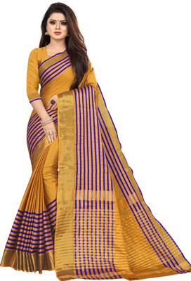 Selrina Fashion Striped Kanjivaram Silk Blend, Cotton Blend Saree(Mustard)