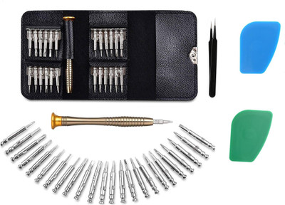 wroughton 25 in 1 Precision Screwdriver Set Multi Pocket Repair Tool Kit with Black Leather Bag for Mobiles|Laptops|Electronics With 2 Plastic Spudger for Mobile Screen and Battery Removal Set and 1 ESD Non Magnetic Tweezers- Straight Precision Screwdriver Set(Pack of 28)
