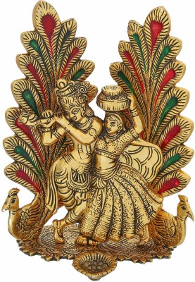 Chhariya Crafts Radha Krishna Idol Statue with Diya Peacock Design Decorative Showpiece  -  20 cm(Metal, Gold)