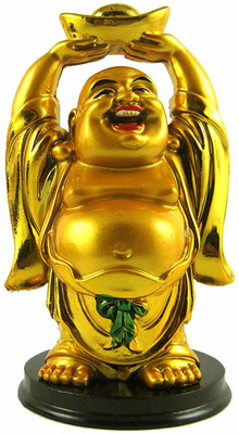 krishnagallery1 Gold Plated with Wooden Base Feng Shui Laughing Buddha, Love Couple, Idol Lord Gautam Buddha Handicraft Statue Decorative Spiritual Vastu Showpiece Figurine - Religious Murti Gift item, Home Decor, office Decorative Showpiece - 12 cm(Polyresin, Gold)