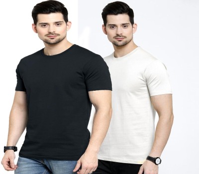 Patche Solid Men Round Neck White, Black T-Shirt