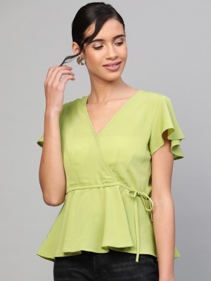 SASSAFRAS Casual Flared Sleeve Solid Women Green Top