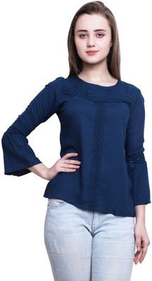FMC Casual Bell Sleeve Lace Women Blue Top