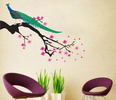 Decor Villa 58 cm TREE WITH PEACOCK Removable Sticker(Pack of 1)
