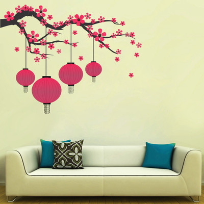 Decor Villa 58 cm TREE WITH LANTERN Removable Sticker(Pack of 1)