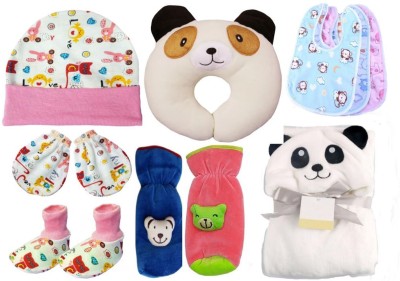 BRANDONN Combo Of new born baby blanket , pillow , bibs , bottle cover , cap , mitten and socks(white panda)