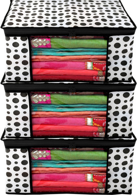 Billion Designer Polka Dots Design 3 Piece Non Woven Fabric Saree Cover/ Clothes Organiser For Wardrobe Set with Transparent Window, Extra Large,(Black & White) - BILLION38087 BILLION038087(Black & White)