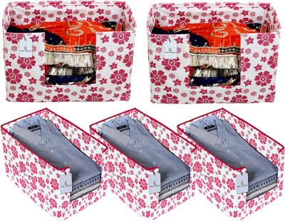 KUBER INDUSTRIES Designer Flower Printed Non Woven 3 Piece Shirt Stacker And 2 Piece Foldable Rectangle Cloth Saree Stacker Cloth Wardrobe Organizer Wardrobe Organizer (Pink) -CTKTC38199 CTKTC038199(Pink)
