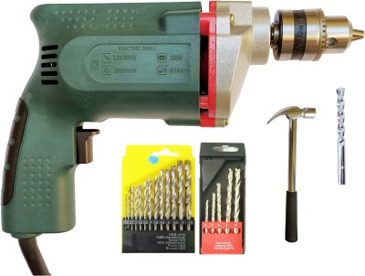 DUMDAAR Heavy Duty 10mm Electric Drill Machine 350 W with 13pc hss 5pc Masonry bit 1pc Claw Hammer 1pc Masonry drill bit (Pack of 5pc) Power & Hand Tool Kit(21 Tools)