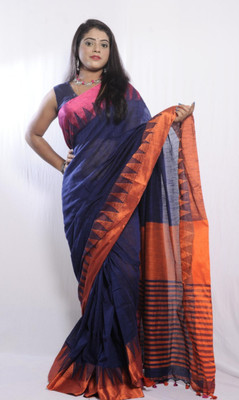 sourav biswas Temple Border, Solid/Plain Handloom Viscose Rayon, Pure Cotton Saree(Blue, Orange)