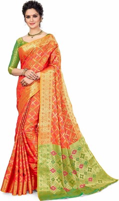 Aksharam Woven Banarasi Silk Blend Saree(Orange, Light Green)