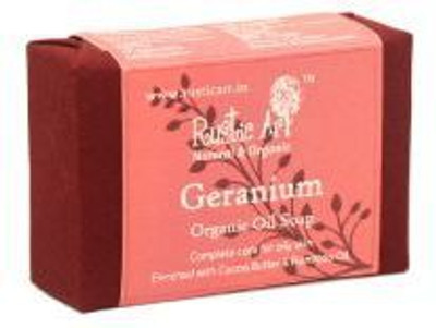 RUSTIC ART Organic Geranium Soap |Handmade|Cold Processed|With Palmrosa & Basil|Anit Fungal, Anti Viral, Anti Bacterial|(100 g)