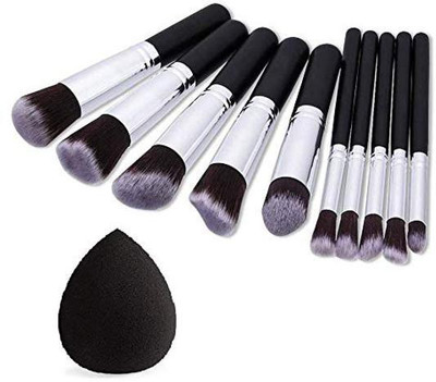 SKINPLUS 10 Pcs Face Eye Lip Contour Blusher Cosmetic Make Up Brushes Multicolor With Powder Puff Multicolor(11 Items in the set)