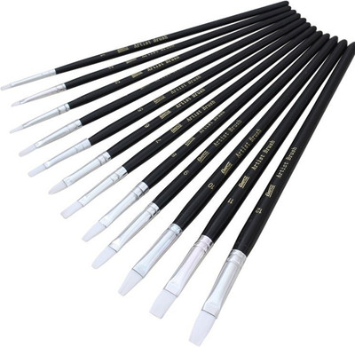 CHROME Short Handle Synthetic Flat Tip Artist Brush(Set of 12, Black)