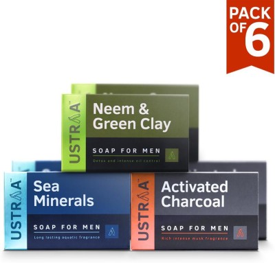 USTRAA Deo Soap with Sea Minerals, Activated Charcoal and Neem & Green Clay, 100 g (Pack of 6)(6 x 100 g)