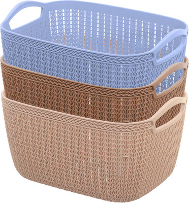 KUBER INDUSTRIES Plastic Unbreakable Plastic 3 Pieces Multipurpose Large Size Flexible Storage Baskets / Fruit Vegetable Bathroom Stationary Home Basket with Handles (Peach & Brown & Grey) -CTKTC37856 Storage Basket(Pack of 3)