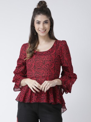KASSUALLY Casual Layered Sleeve Printed Women Red, Black Top