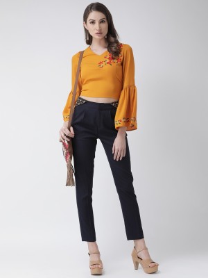 KASSUALLY Casual Bell Sleeve Embroidered Women Yellow Top