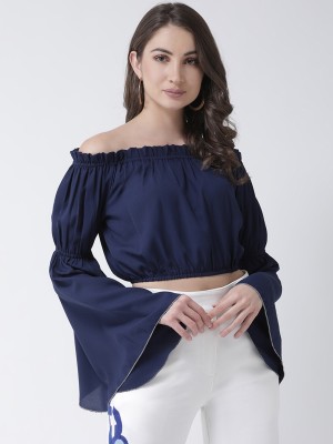 KASSUALLY Casual Bell Sleeve Solid Women Dark Blue Top