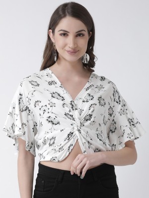 KASSUALLY Casual Flutter Sleeve Floral Print Women White Top