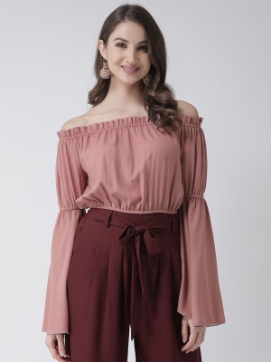 KASSUALLY Casual Bell Sleeve Solid Women Pink Top