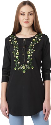 Avyanna Casual 3/4 Sleeve Embroidered Women Black Top