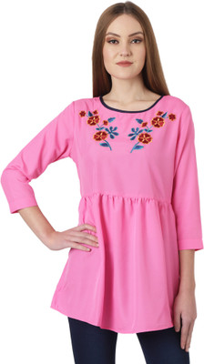 Avyanna Casual Regular Sleeve Embroidered Women Pink Top