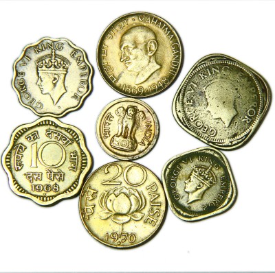 TRADITIONALSHOPPE BRITISH INDIA - REPUBLIC INDIA OLD BRASS COINS COLLECTION - 7 COINS LOT Medieval Coin Collection(7 Coins)